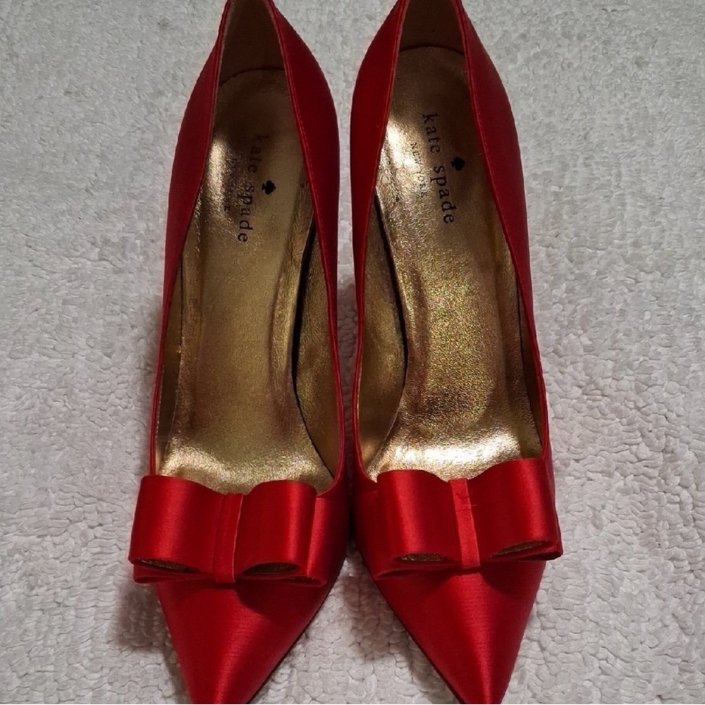 Kate Spade Red Satin Heels with Bow - Picture 6 of 12